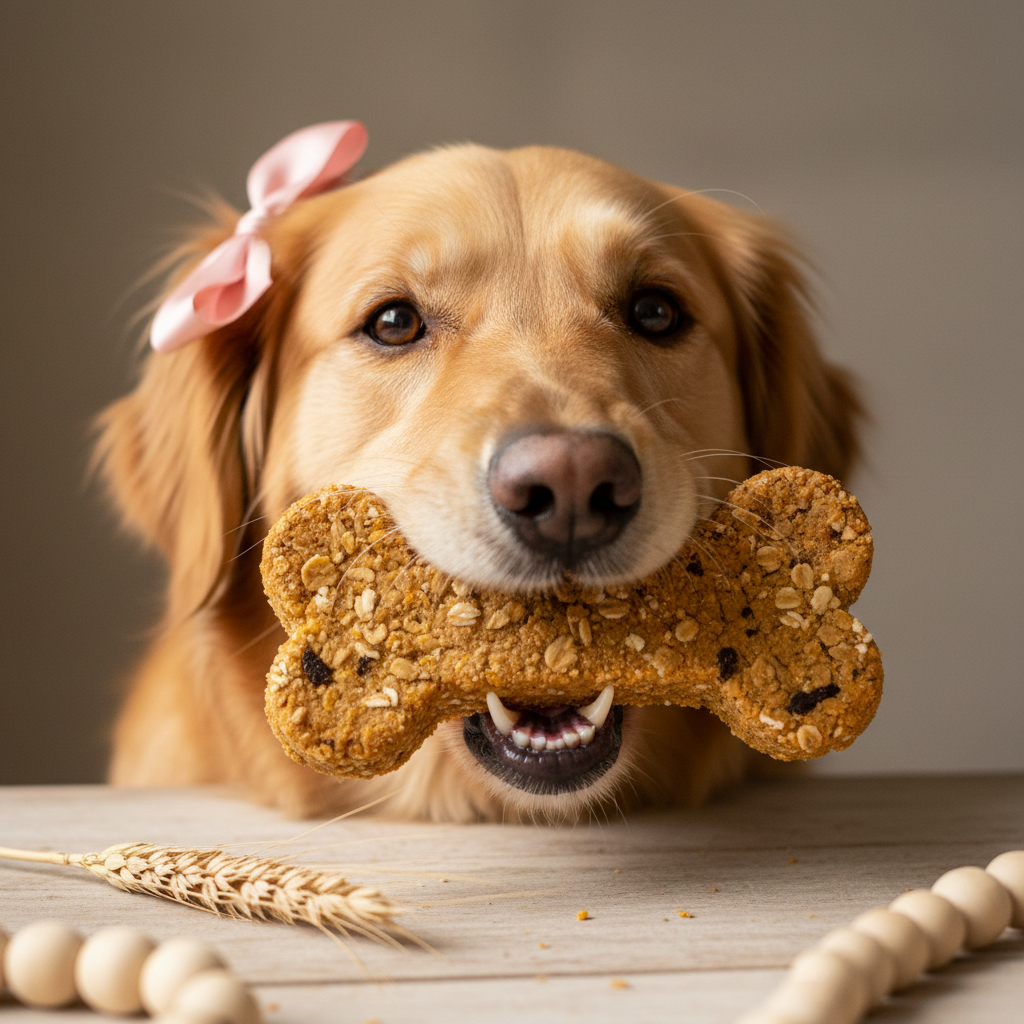 Girl dog with pink bow eating a treat