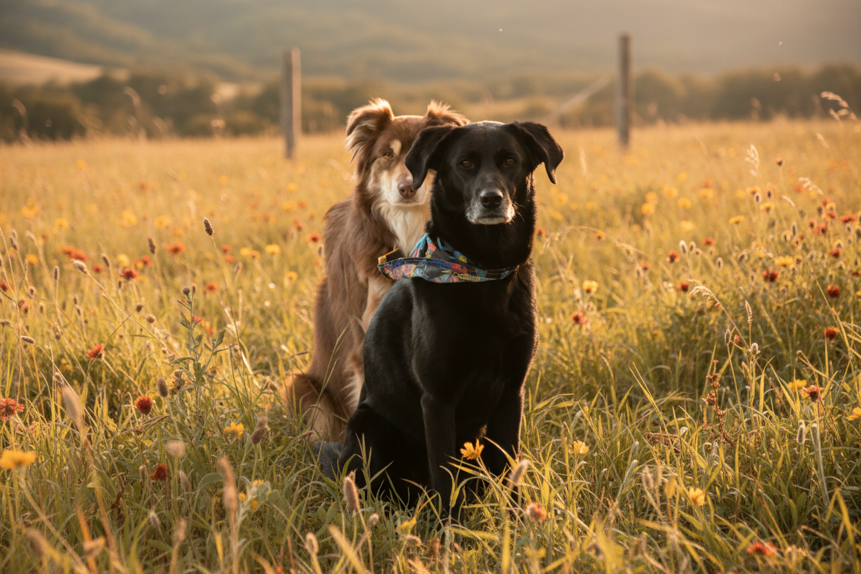 Two dogs with outdoor background